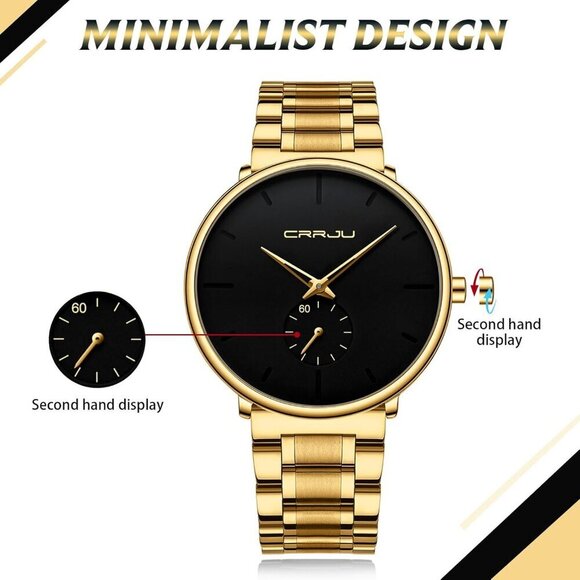 Men\'s Gold-Black Ultra-Thin Minimal Waterproof Stainless Steel Band Buckle Watch